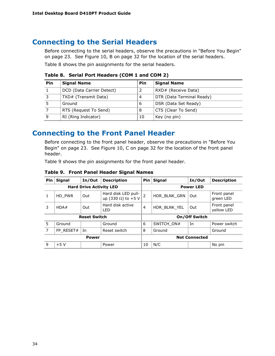 Connecting to the serial headers, Connecting to the front panel header, Serial port headers (com 1 and com 2) | Front panel header signal names | Longshine D410PT User Manual | Page 34 / 62