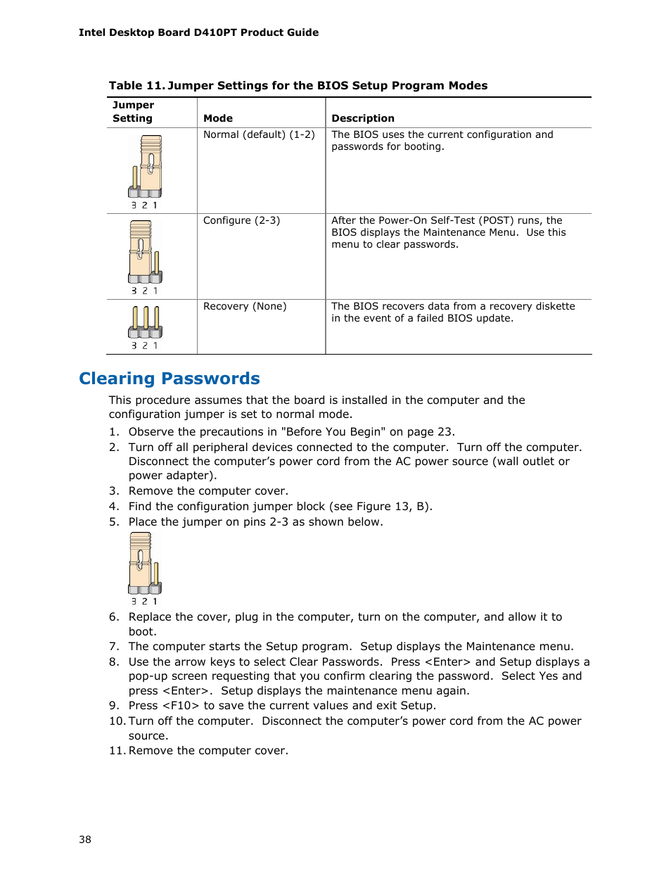 Setting the bios configuration jumper, Bios configuration jumper block, Clearing passwords | Longshine D410PT User Manual | Page 38 / 62