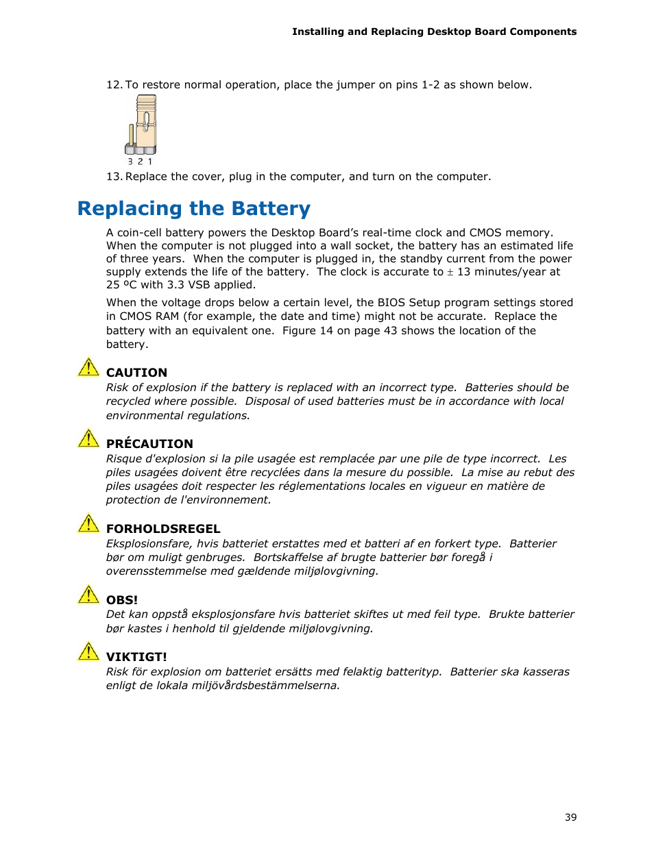 Clearing passwords, Jumper settings for the bios setup program modes, Replacing the battery | Longshine D410PT User Manual | Page 39 / 62