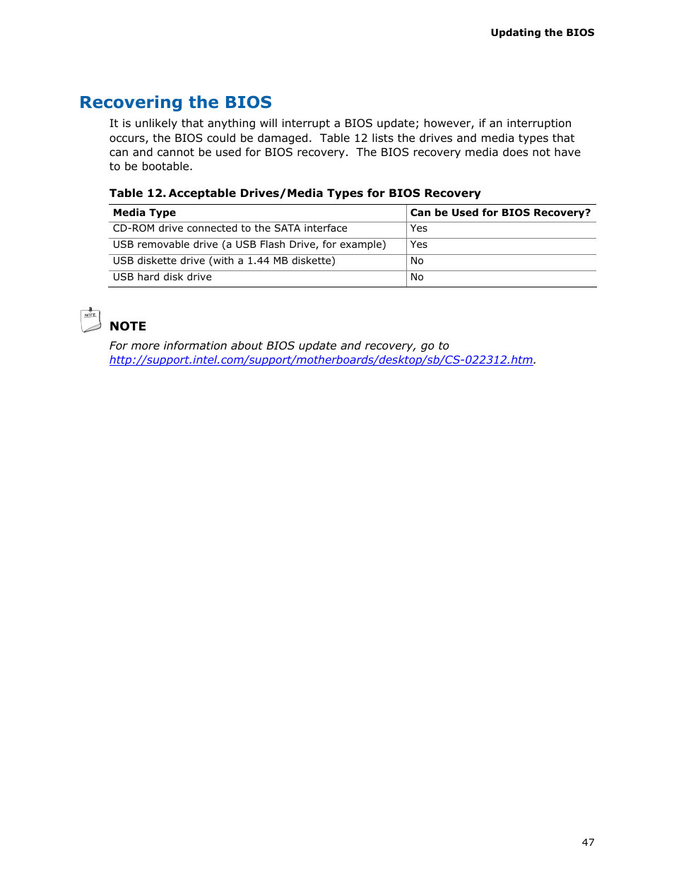 Recovering the bios, Acceptable drives/media types for bios recovery | Longshine D410PT User Manual | Page 47 / 62