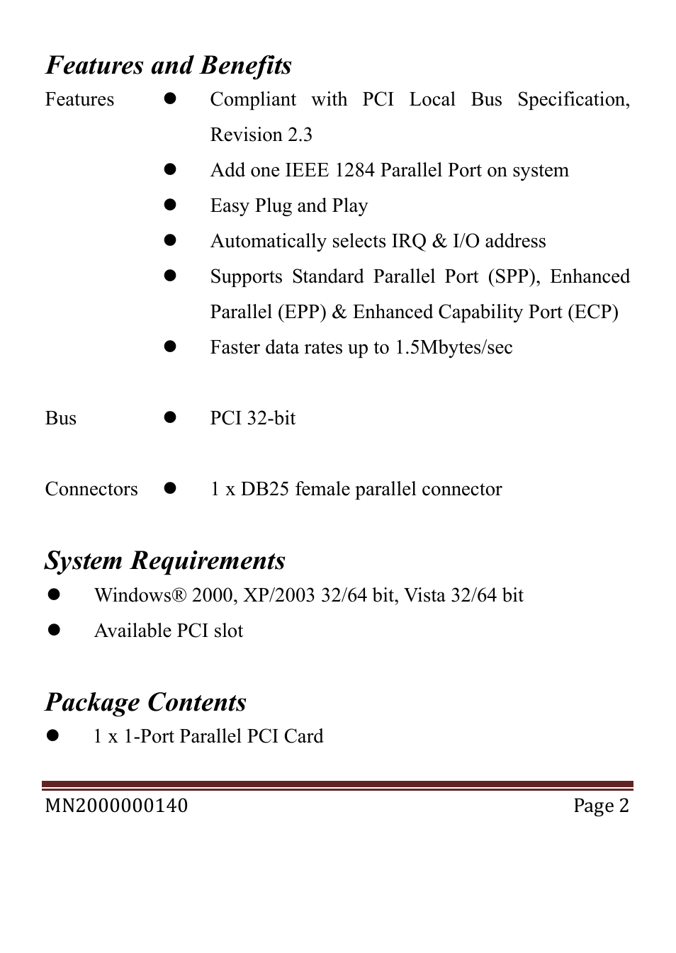 Features and benefits, System requirements, Package contents | Longshine LCS-6019 User Manual | Page 2 / 6