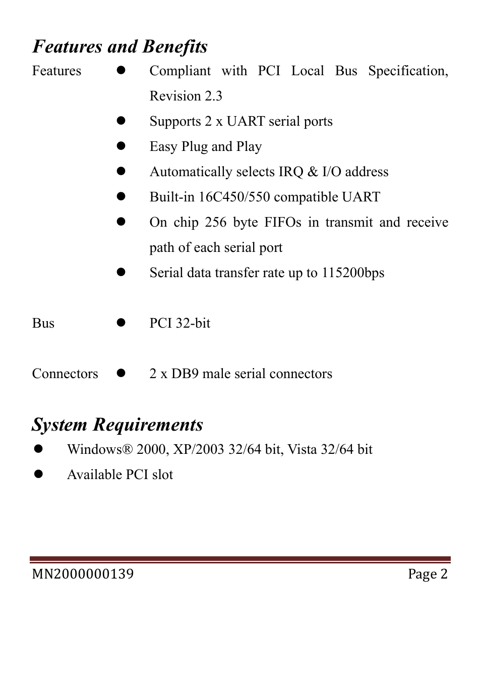 Features and benefits, System requirements | Longshine LCS-6021 User Manual | Page 2 / 6