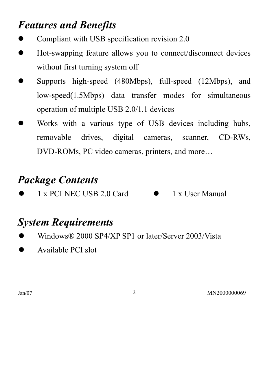 Features and benefits, Package contents, System requirements | Longshine LCS-6080 User Manual | Page 2 / 4