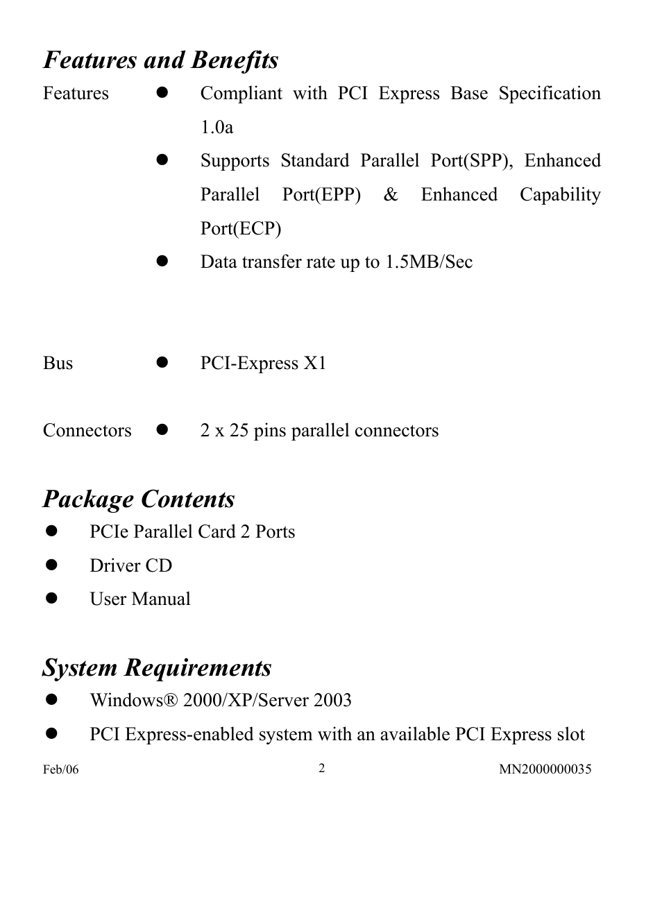 Features and benefits, Package contents, System requirements | Longshine LCS-6320 User Manual | Page 2 / 9