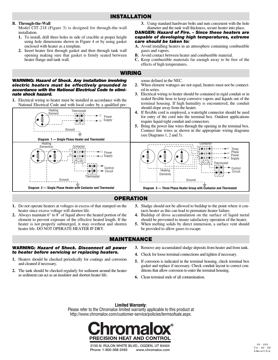 Wiring, Operation, Maintenance | Installation | Chromalox PD412-5 User Manual | Page 2 / 2