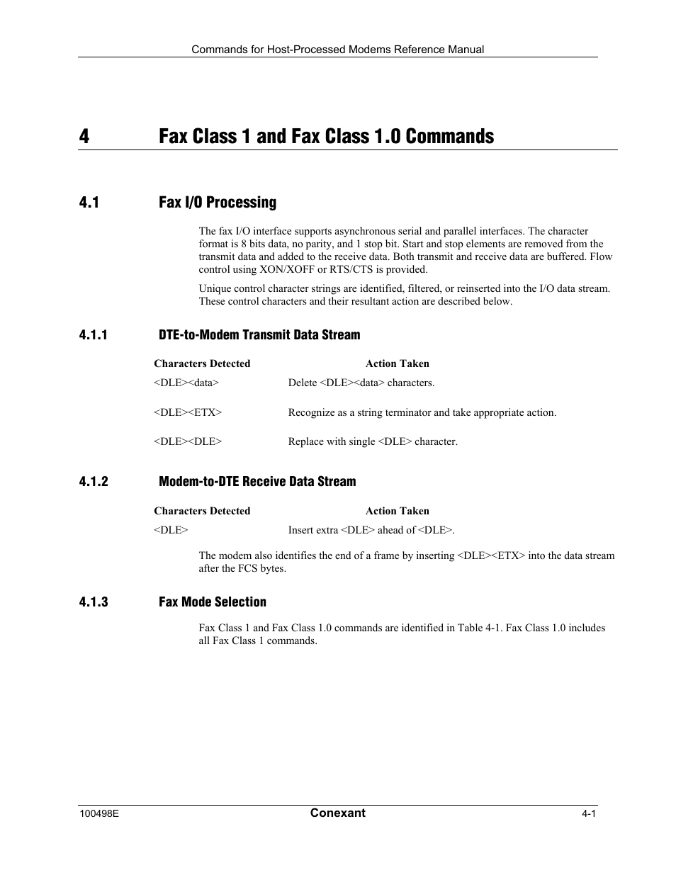 Fax class 1 and fax class 1.0 commands, Fax i/o processing, Dte-to-modem transmit data stream | Modem-to-dte receive data stream, Fax mode selection, 4fax class 1 and fax class 1.0 commands, 1 fax i/o processing | Longshine LCS-8056C2 User Manual | Page 111 / 162