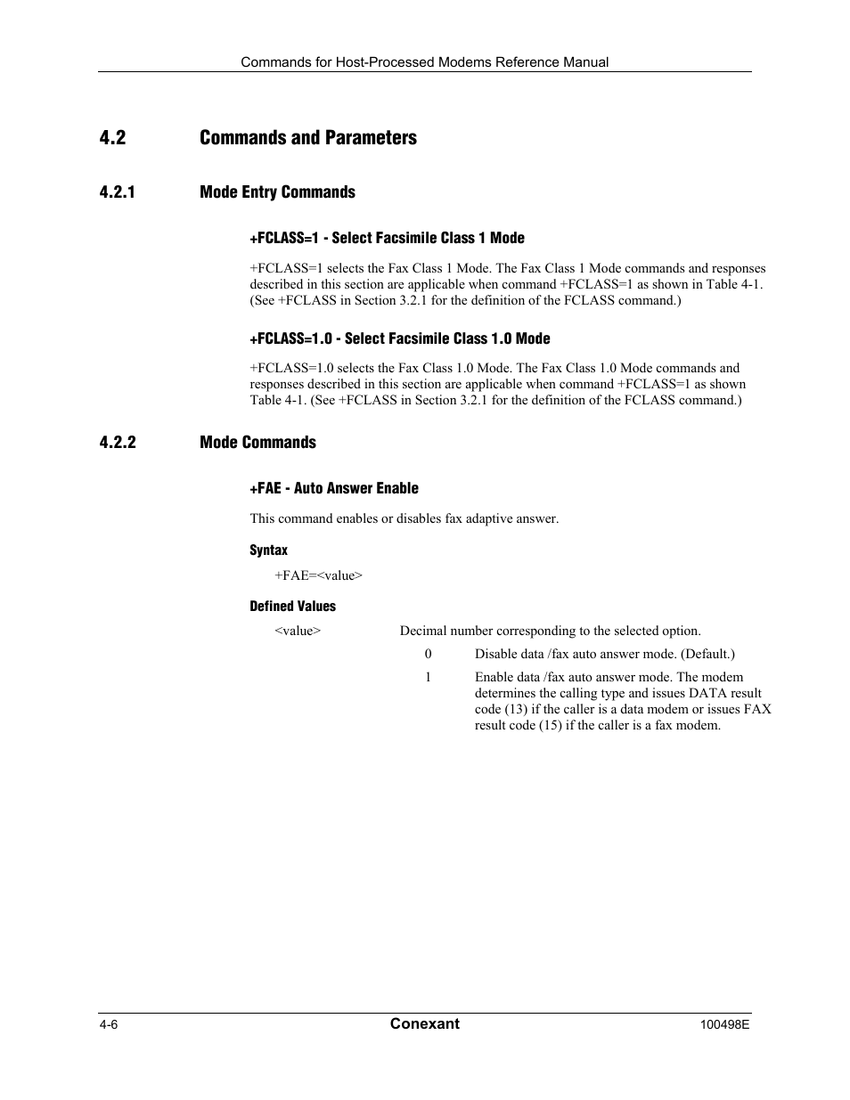 Commands and parameters, Mode entry commands, Fclass=1 - select facsimile class 1 mode | Fclass=1.0 - select facsimile class 1.0 mode, Mode commands, Fae - auto answer enable, Syntax, Defined values, 2 commands and parameters | Longshine LCS-8056C2 User Manual | Page 116 / 162