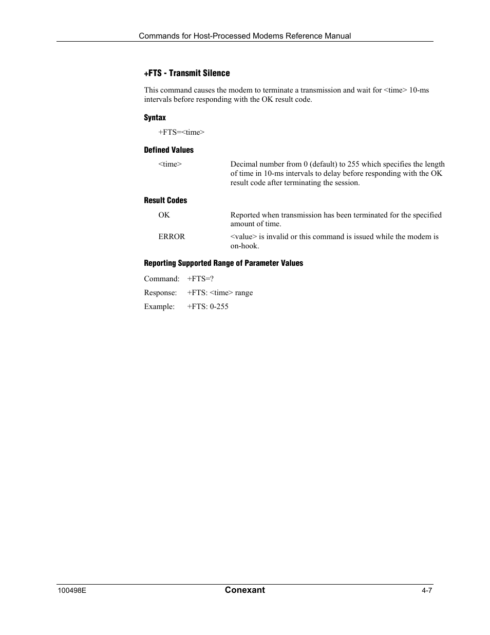 Fts - transmit silence, Syntax, Defined values | Result codes, Reporting supported range of parameter values | Longshine LCS-8056C2 User Manual | Page 117 / 162