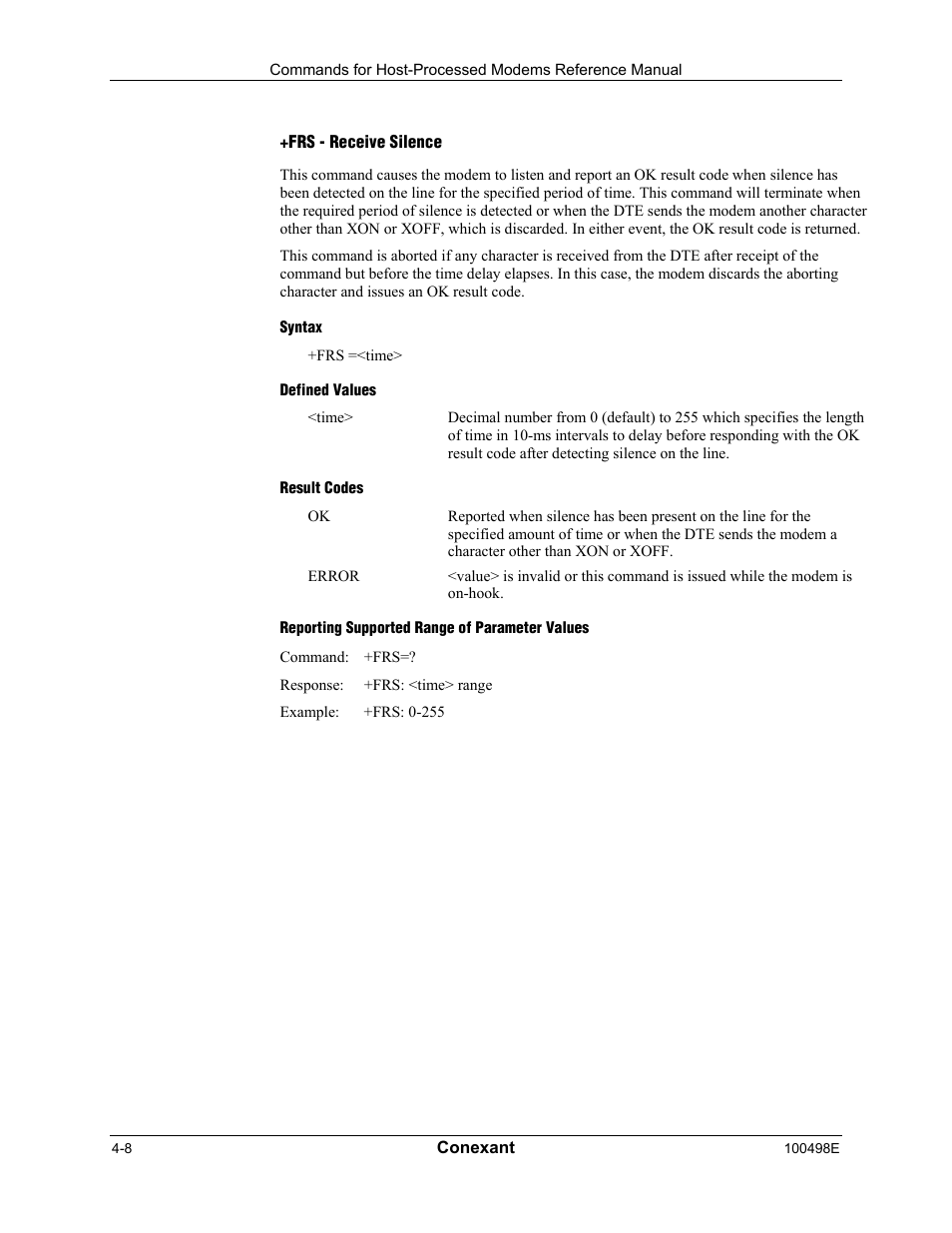 Frs - receive silence, Syntax, Defined values | Result codes, Reporting supported range of parameter values | Longshine LCS-8056C2 User Manual | Page 118 / 162
