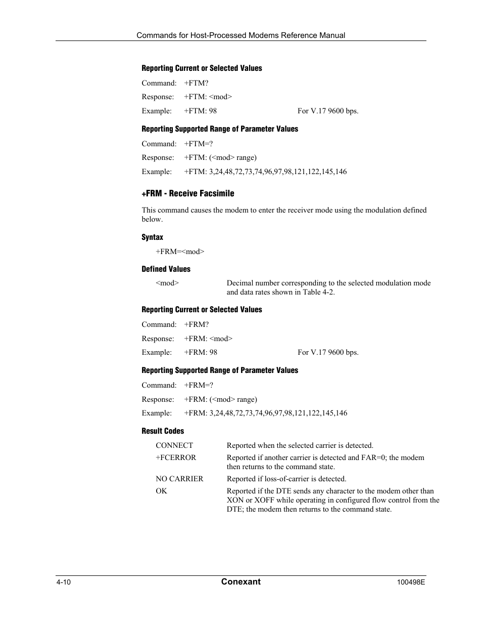 Reporting current or selected values, Reporting supported range of parameter values, Frm - receive facsimile | Syntax, Defined values, Result codes | Longshine LCS-8056C2 User Manual | Page 120 / 162