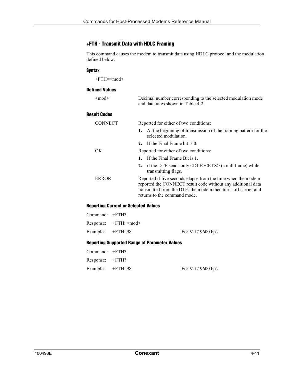 Fth - transmit data with hdlc framing, Syntax, Defined values | Result codes, Reporting current or selected values, Reporting supported range of parameter values | Longshine LCS-8056C2 User Manual | Page 121 / 162