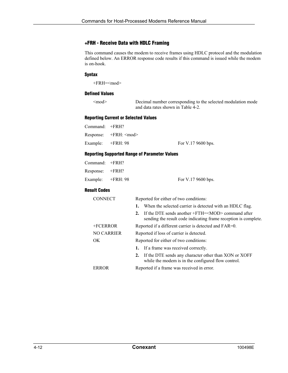 Frh - receive data with hdlc framing, Syntax, Defined values | Reporting current or selected values, Reporting supported range of parameter values, Result codes | Longshine LCS-8056C2 User Manual | Page 122 / 162