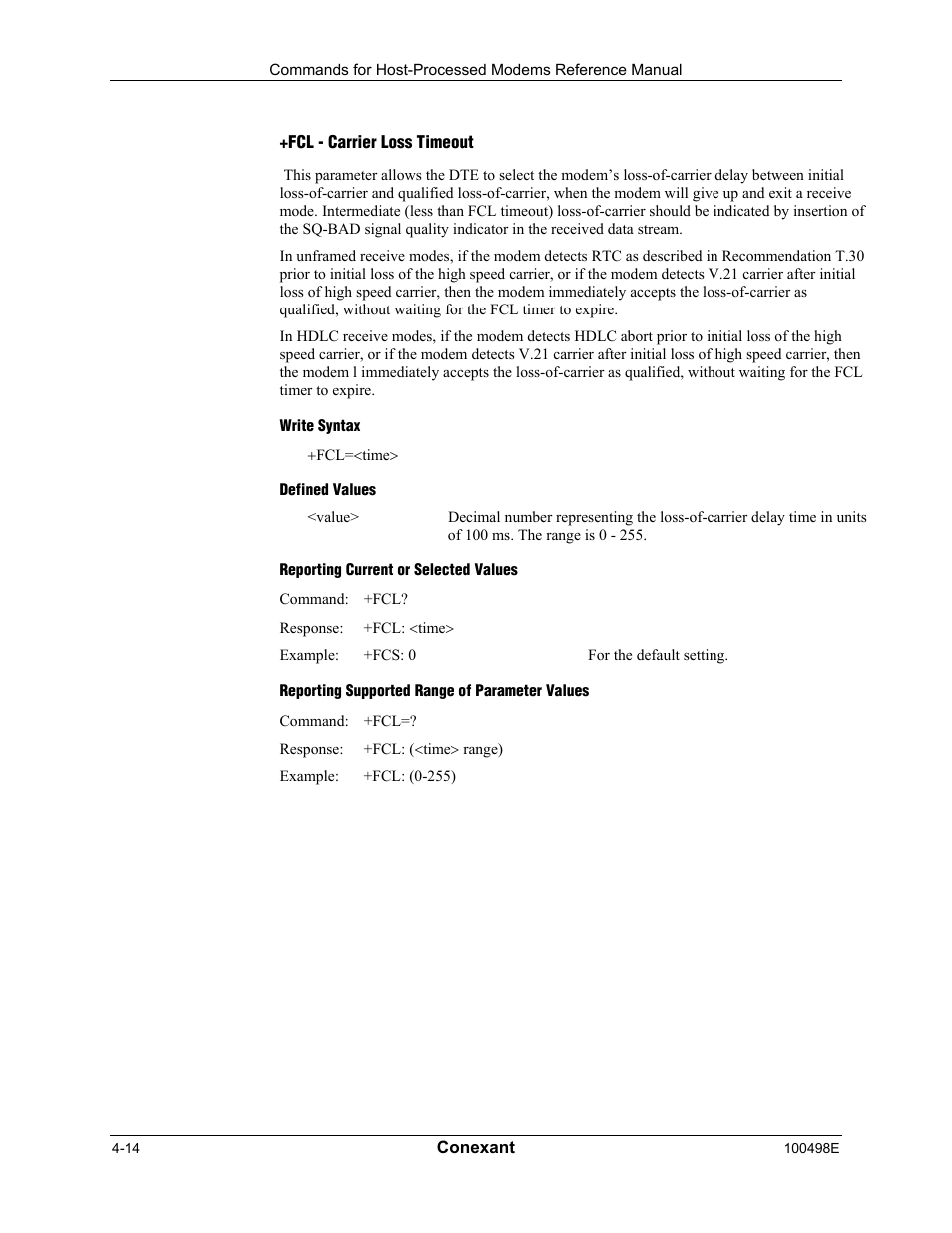 Fcl - carrier loss timeout, Write syntax, Defined values | Reporting current or selected values, Reporting supported range of parameter values | Longshine LCS-8056C2 User Manual | Page 124 / 162