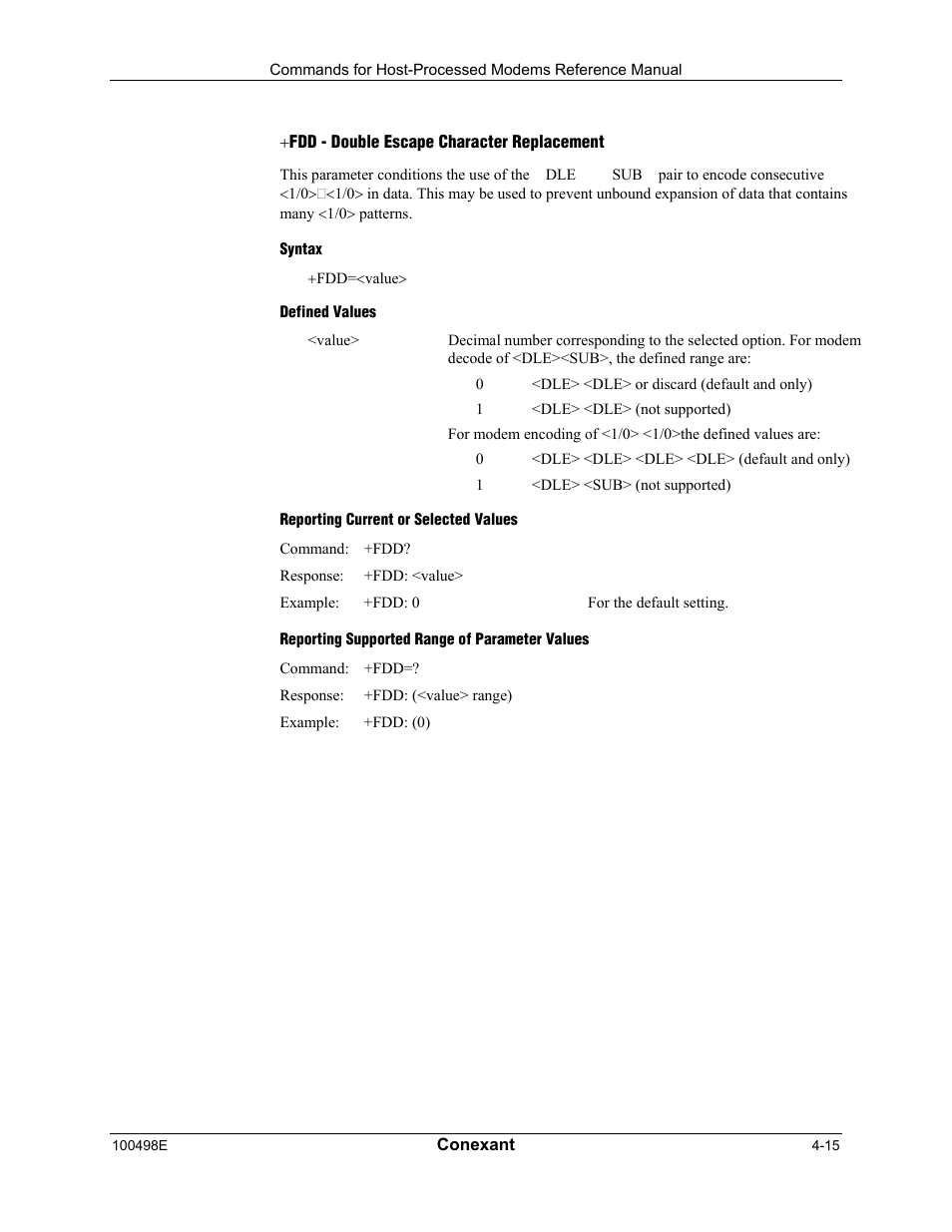 Fdd - double escape character replacement, Syntax, Defined values | Reporting current or selected values, Reporting supported range of parameter values | Longshine LCS-8056C2 User Manual | Page 125 / 162