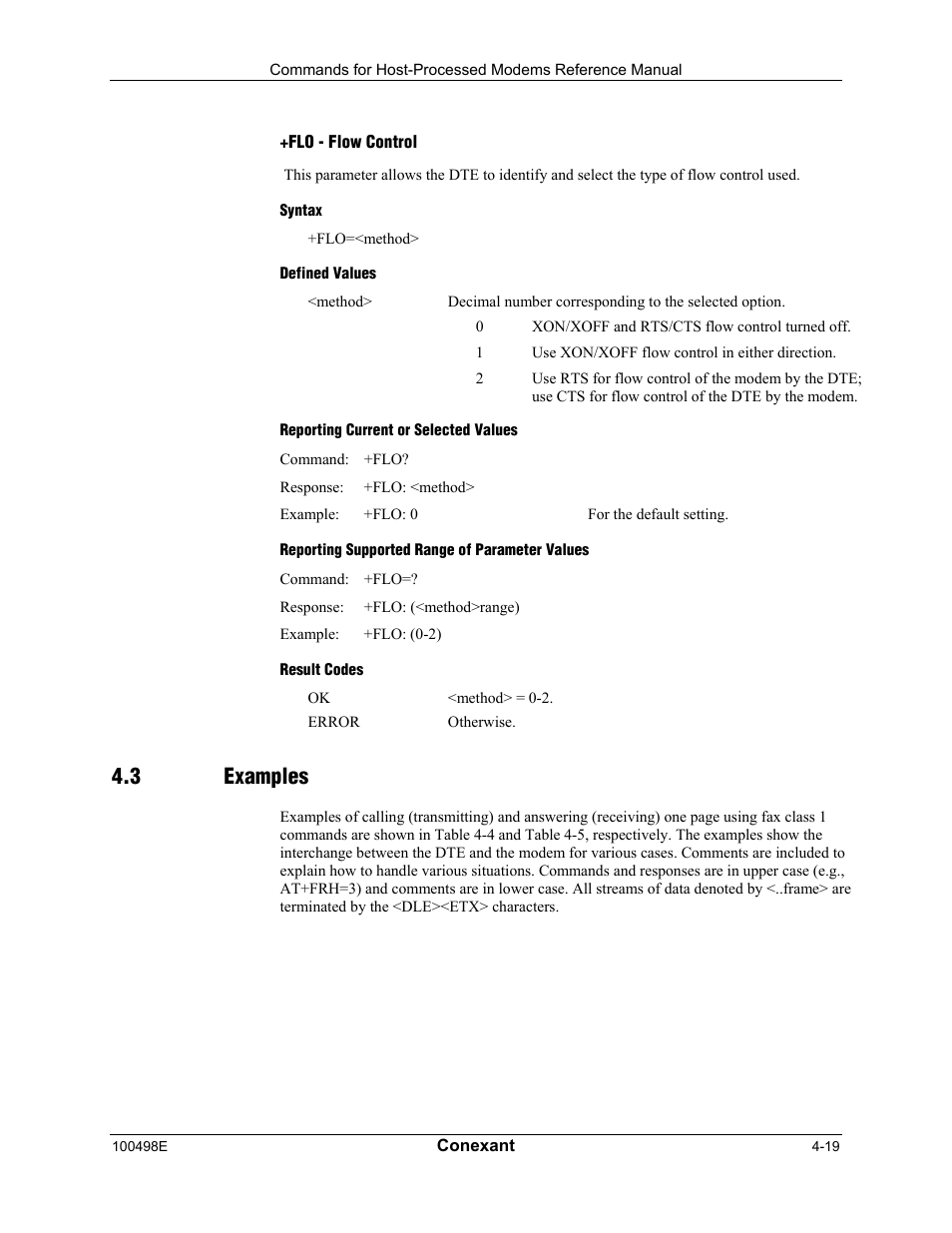 Flo - flow control, Syntax, Defined values | Reporting current or selected values, Reporting supported range of parameter values, Result codes, Examples, 3 examples | Longshine LCS-8056C2 User Manual | Page 129 / 162