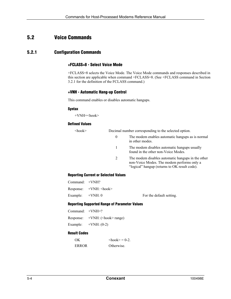 Voice commands, Configuration commands, Fclass=8 - select voice mode | Vnh - automatic hang-up control, Syntax, Defined values, Reporting current or selected values, Reporting supported range of parameter values, Result codes, 2 voice commands | Longshine LCS-8056C2 User Manual | Page 136 / 162