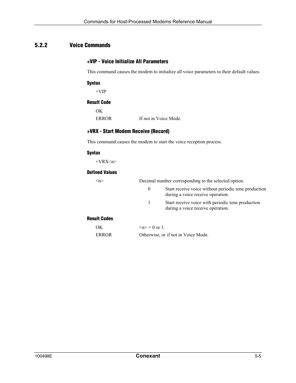 Voice commands, Vip - voice initialize all parameters, Syntax | Result code, Vrx - start modem receive (record), Defined values, Result codes | Longshine LCS-8056C2 User Manual | Page 137 / 162