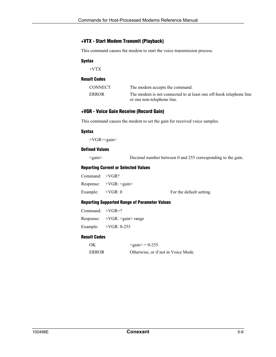 Vtx - start modem transmit (playback), Syntax, Result codes | Vgr - voice gain receive (record gain), Defined values, Reporting current or selected values, Reporting supported range of parameter values | Longshine LCS-8056C2 User Manual | Page 141 / 162