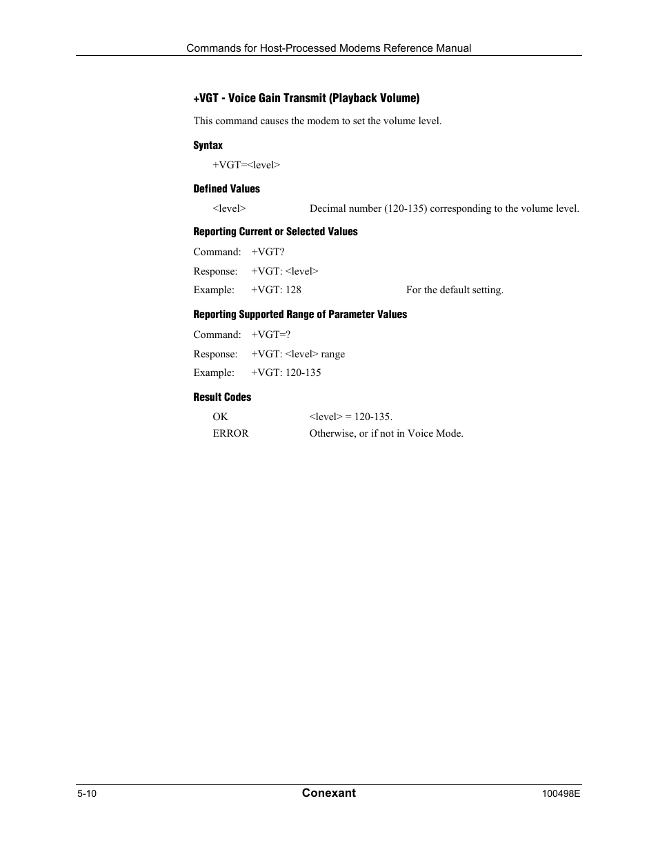 Vgt - voice gain transmit (playback volume), Syntax, Defined values | Reporting current or selected values, Reporting supported range of parameter values, Result codes | Longshine LCS-8056C2 User Manual | Page 142 / 162