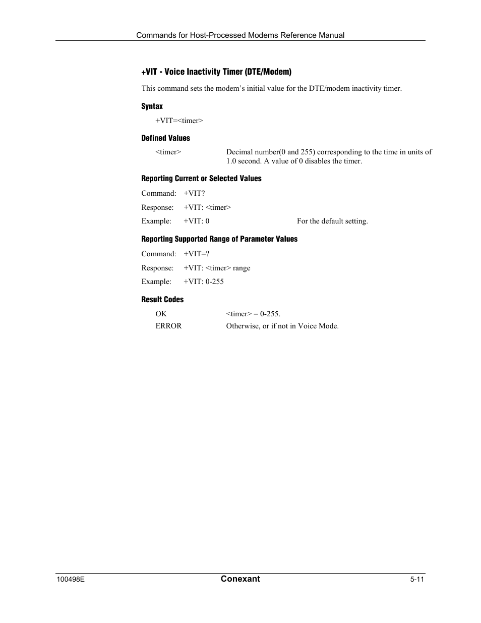 Vit - voice inactivity timer (dte/modem), Syntax, Defined values | Reporting current or selected values, Reporting supported range of parameter values, Result codes | Longshine LCS-8056C2 User Manual | Page 143 / 162