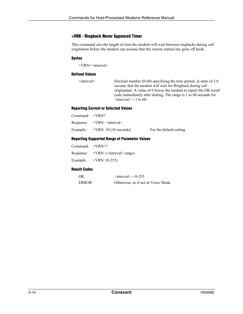 Vrn - ringback never appeared timer, Syntax, Defined values | Reporting current or selected values, Reporting supported range of parameter values, Result codes | Longshine LCS-8056C2 User Manual | Page 146 / 162