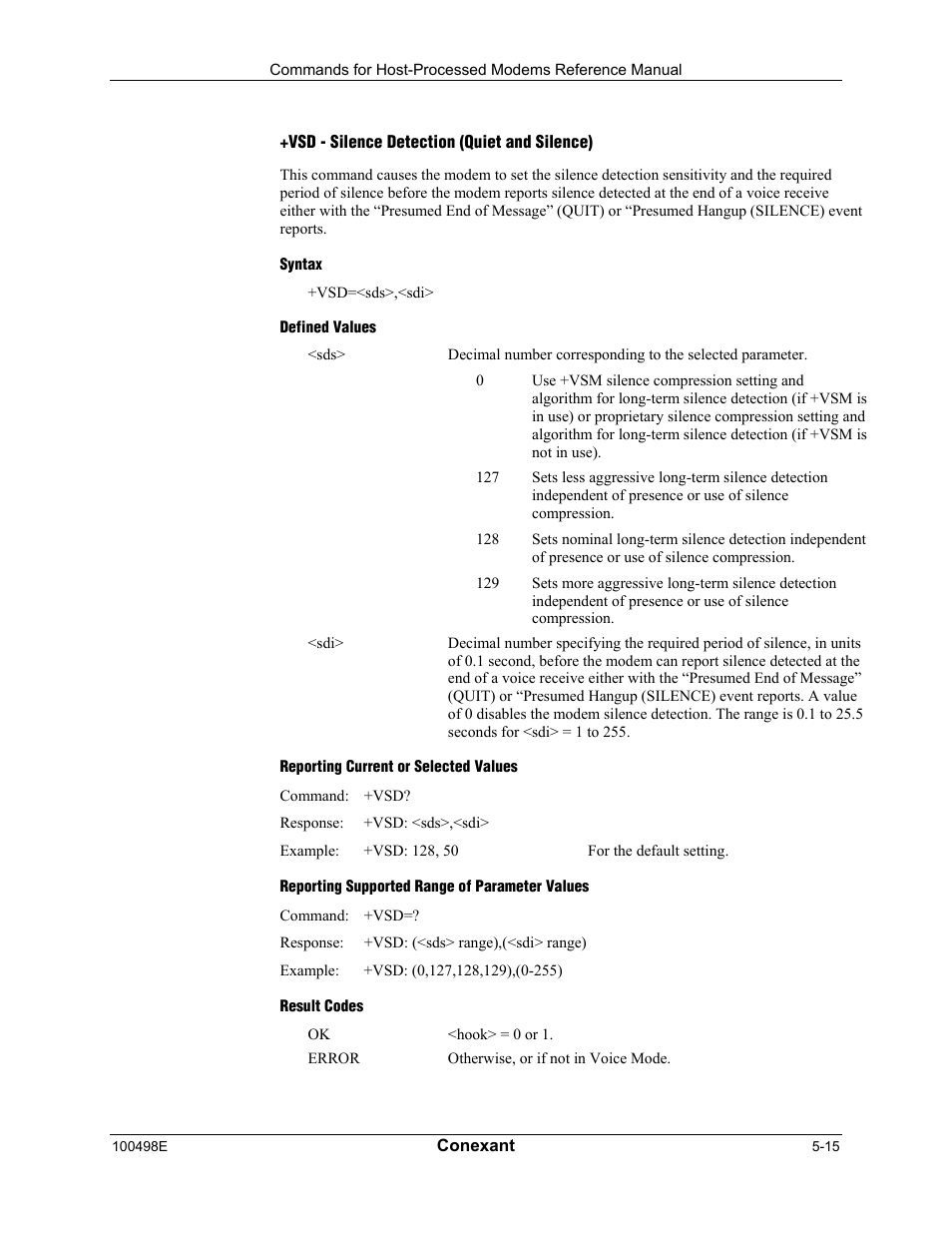 Vsd - silence detection (quiet and silence), Syntax, Defined values | Reporting current or selected values, Reporting supported range of parameter values, Result codes | Longshine LCS-8056C2 User Manual | Page 147 / 162