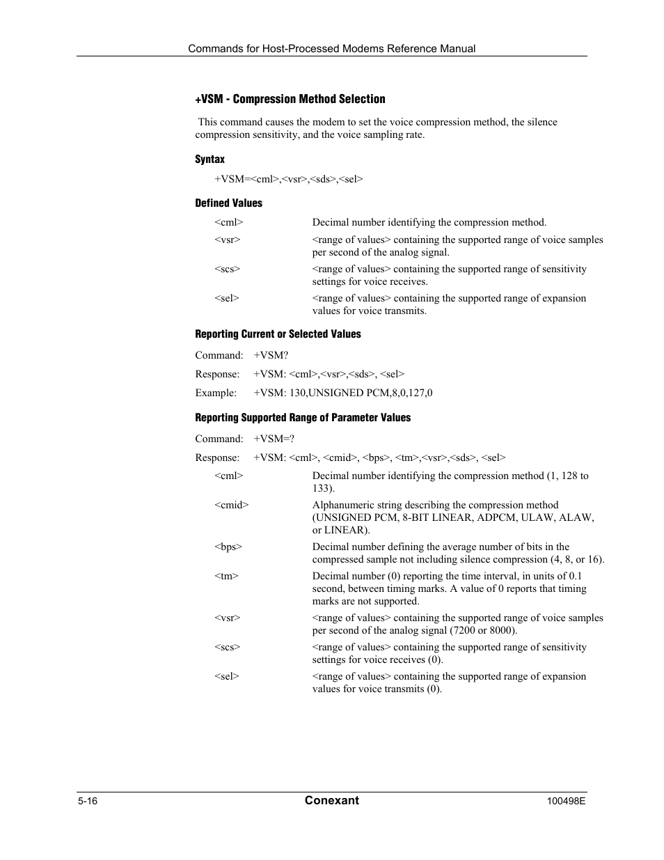 Vsm - compression method selection, Syntax, Defined values | Reporting current or selected values, Reporting supported range of parameter values | Longshine LCS-8056C2 User Manual | Page 148 / 162