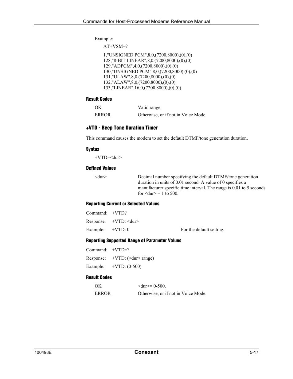 Result codes, Vtd - beep tone duration timer, Syntax | Defined values, Reporting current or selected values, Reporting supported range of parameter values | Longshine LCS-8056C2 User Manual | Page 149 / 162