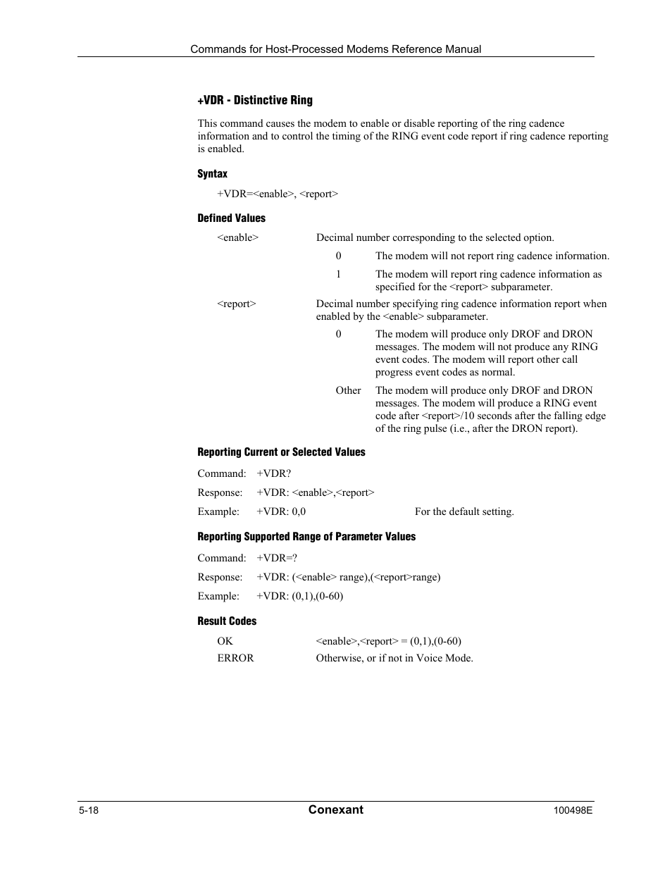 Vdr - distinctive ring, Syntax, Defined values | Reporting current or selected values, Reporting supported range of parameter values, Result codes | Longshine LCS-8056C2 User Manual | Page 150 / 162