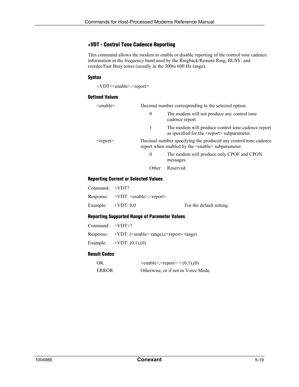 Vdt - control tone cadence reporting, Syntax, Defined values | Reporting current or selected values, Reporting supported range of parameter values, Result codes | Longshine LCS-8056C2 User Manual | Page 151 / 162