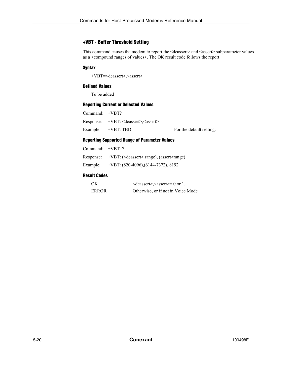 Vbt - buffer threshold setting, Syntax, Defined values | Reporting current or selected values, Reporting supported range of parameter values, Result codes | Longshine LCS-8056C2 User Manual | Page 152 / 162