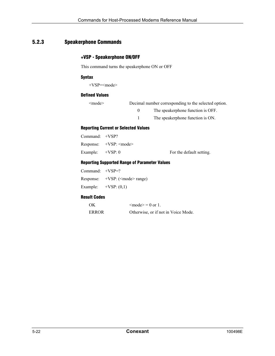 Speakerphone commands, Vsp - speakerphone on/off, Syntax | Defined values, Reporting current or selected values, Reporting supported range of parameter values, Result codes | Longshine LCS-8056C2 User Manual | Page 154 / 162