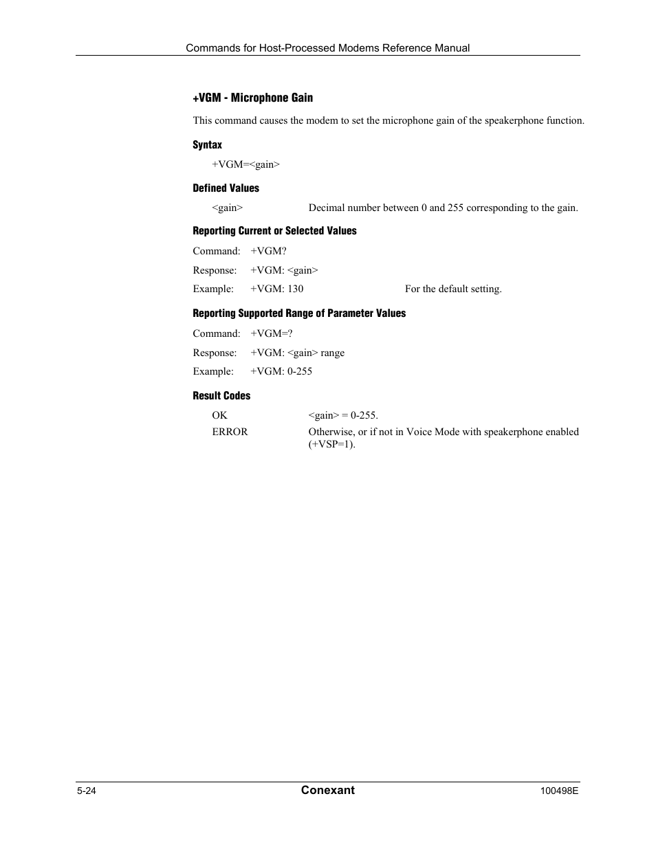 Vgm - microphone gain, Syntax, Defined values | Reporting current or selected values, Reporting supported range of parameter values, Result codes | Longshine LCS-8056C2 User Manual | Page 156 / 162