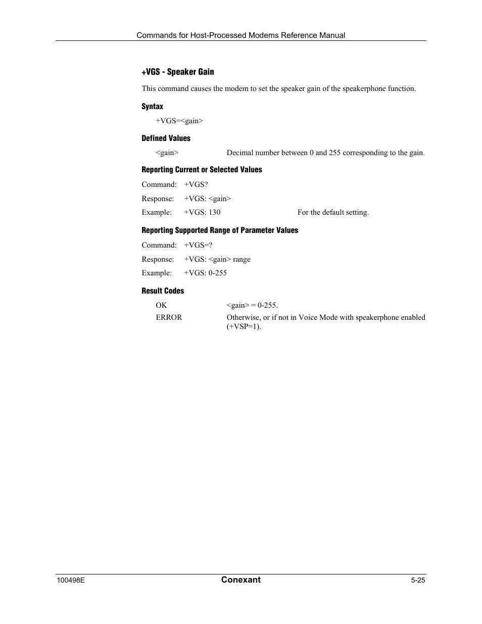 Vgs - speaker gain, Syntax, Defined values | Reporting current or selected values, Reporting supported range of parameter values, Result codes | Longshine LCS-8056C2 User Manual | Page 157 / 162