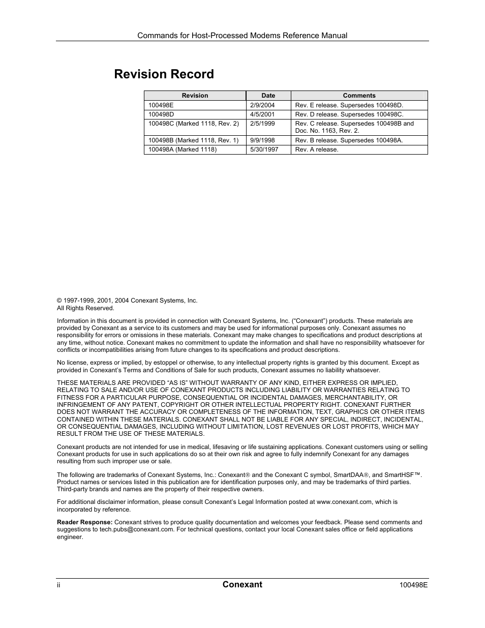 Revision record, Conexant | Longshine LCS-8056C2 User Manual | Page 2 / 162