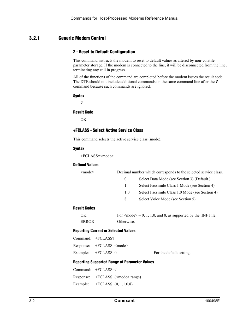 Generic modem control, Z - reset to default configuration, Syntax | Result code, Fclass - select active service class, Defined values, Result codes, Reporting current or selected values, Reporting supported range of parameter values | Longshine LCS-8056C2 User Manual | Page 24 / 162