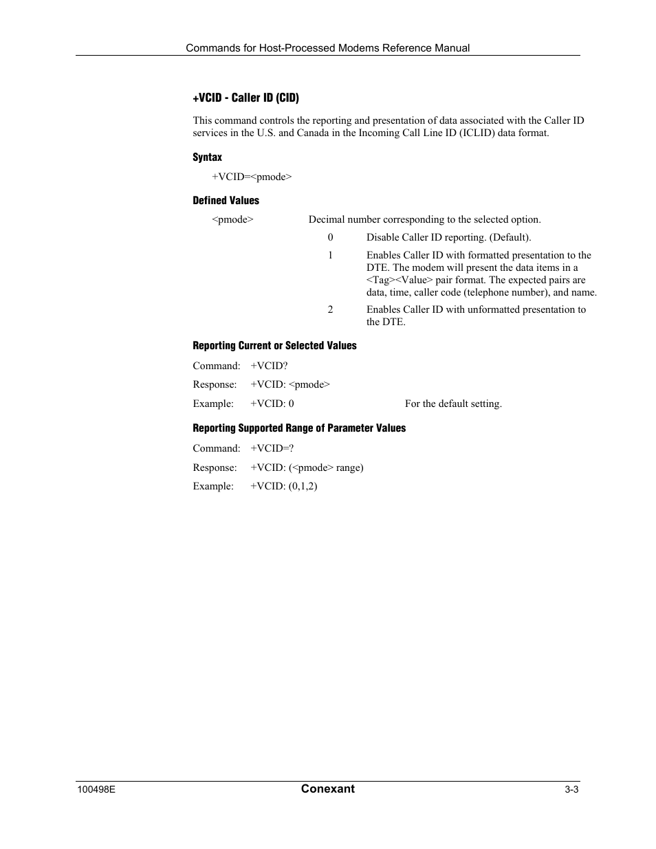 Vcid - caller id (cid), Syntax, Defined values | Reporting current or selected values, Reporting supported range of parameter values | Longshine LCS-8056C2 User Manual | Page 25 / 162