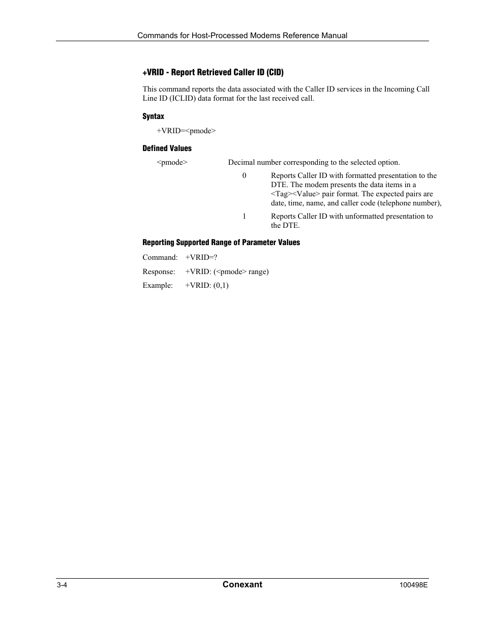 Vrid - report retrieved caller id (cid), Syntax, Defined values | Reporting supported range of parameter values | Longshine LCS-8056C2 User Manual | Page 26 / 162