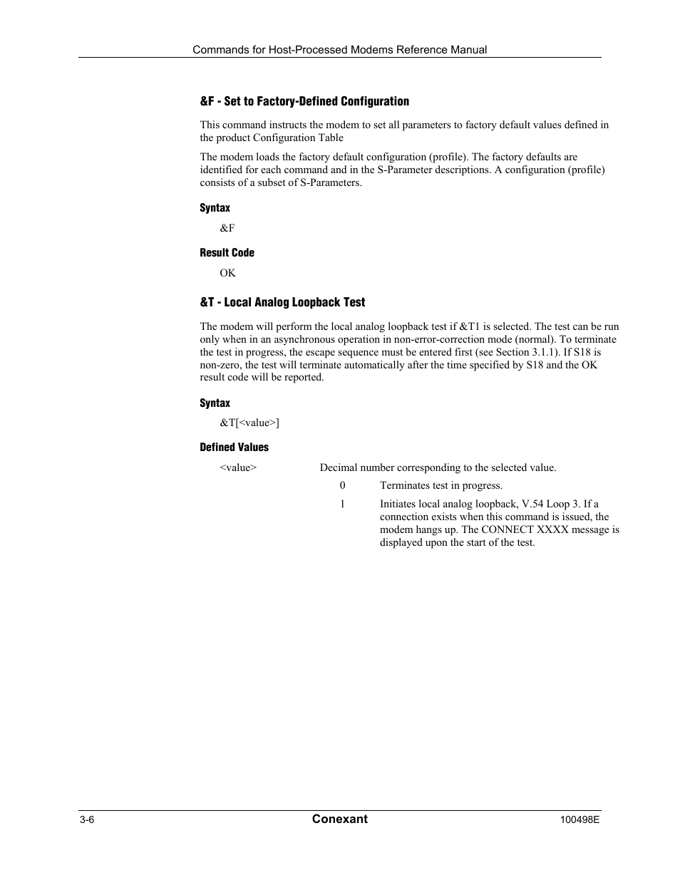 F - set to factory-defined configuration, Syntax, Result code | T - local analog loopback test, Defined values | Longshine LCS-8056C2 User Manual | Page 28 / 162