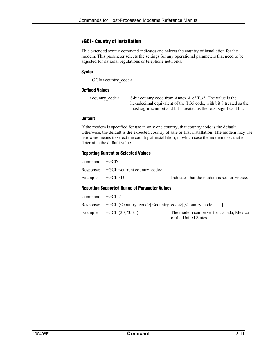 Gci - country of installation, Syntax, Defined values | Default, Reporting current or selected values, Reporting supported range of parameter values | Longshine LCS-8056C2 User Manual | Page 33 / 162