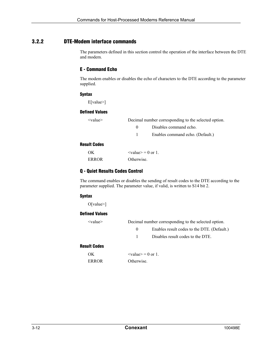 Dte-modem interface commands, E - command echo, Syntax | Defined values, Result codes, Q - quiet results codes control | Longshine LCS-8056C2 User Manual | Page 34 / 162