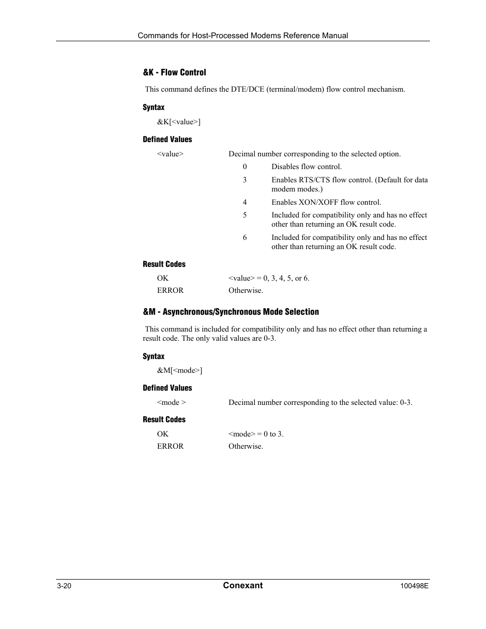 K - flow control, Syntax, Defined values | Result codes, M - asynchronous/synchronous mode selection | Longshine LCS-8056C2 User Manual | Page 42 / 162