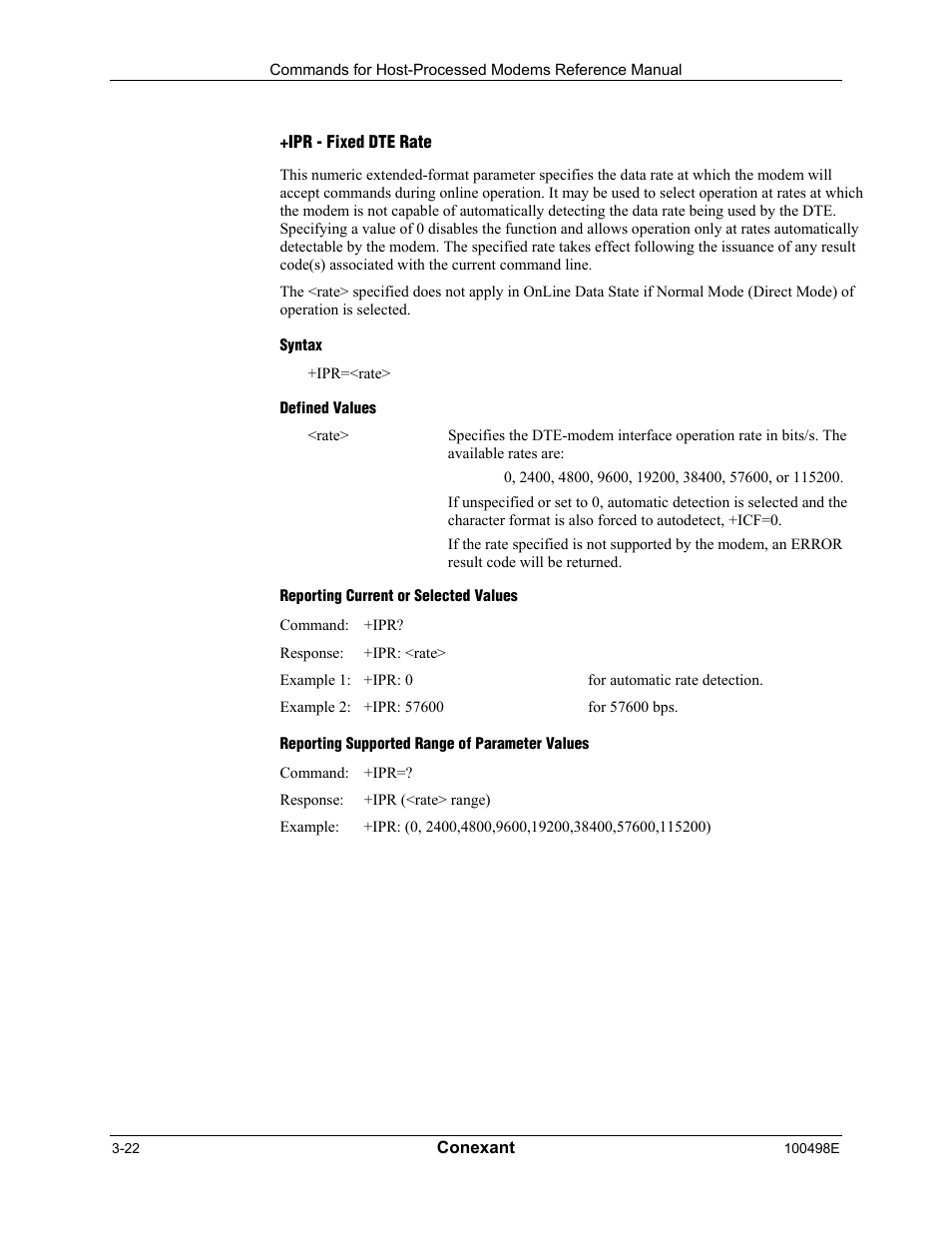 Ipr - fixed dte rate, Syntax, Defined values | Reporting current or selected values, Reporting supported range of parameter values | Longshine LCS-8056C2 User Manual | Page 44 / 162