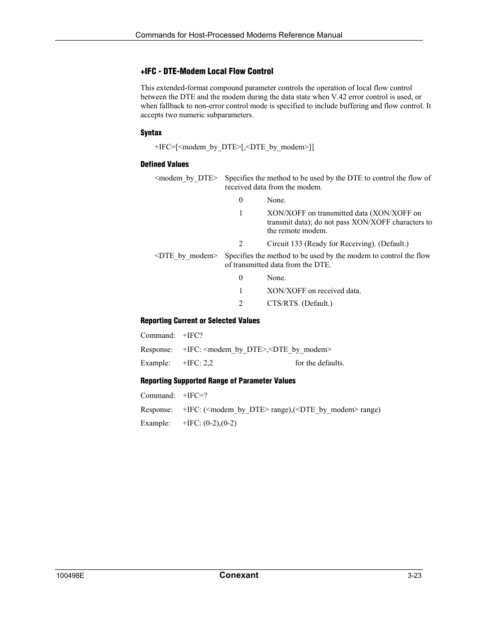 Ifc - dte-modem local flow control, Syntax, Defined values | Reporting current or selected values, Reporting supported range of parameter values | Longshine LCS-8056C2 User Manual | Page 45 / 162