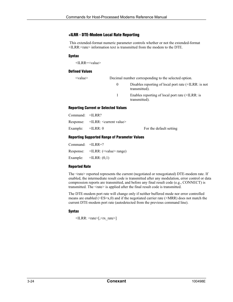 Ilrr - dte-modem local rate reporting, Syntax, Defined values | Reporting current or selected values, Reporting supported range of parameter values, Reported rate | Longshine LCS-8056C2 User Manual | Page 46 / 162