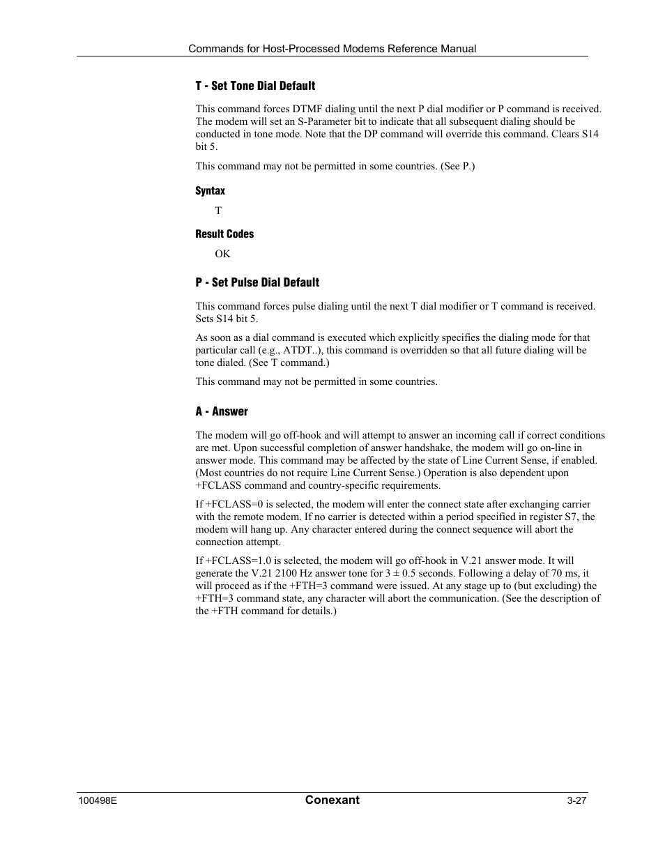 T - set tone dial default, Syntax, Result codes | P - set pulse dial default, A - answer | Longshine LCS-8056C2 User Manual | Page 49 / 162