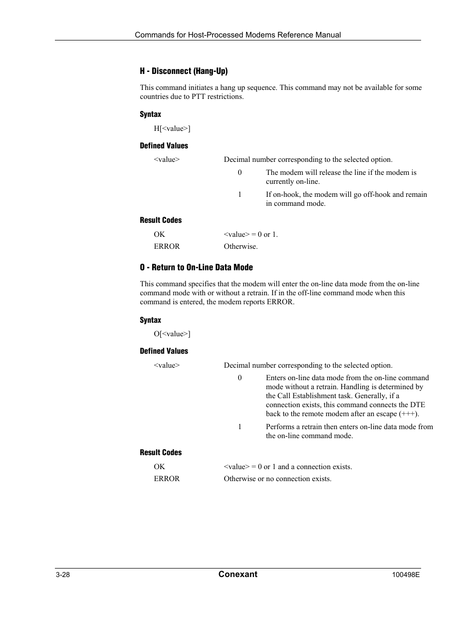 H - disconnect (hang-up), Syntax, Defined values | Result codes, O - return to on-line data mode | Longshine LCS-8056C2 User Manual | Page 50 / 162