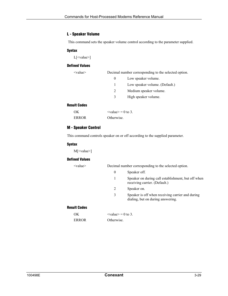 L - speaker volume, Syntax, Defined values | Result codes, M - speaker control | Longshine LCS-8056C2 User Manual | Page 51 / 162