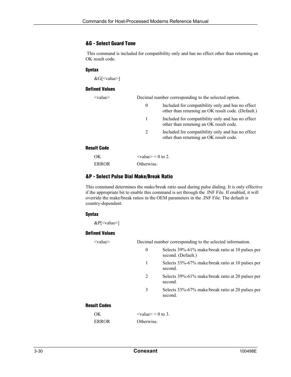 G - select guard tone, Syntax, Defined values | Result code, P - select pulse dial make/break ratio, Result codes | Longshine LCS-8056C2 User Manual | Page 52 / 162