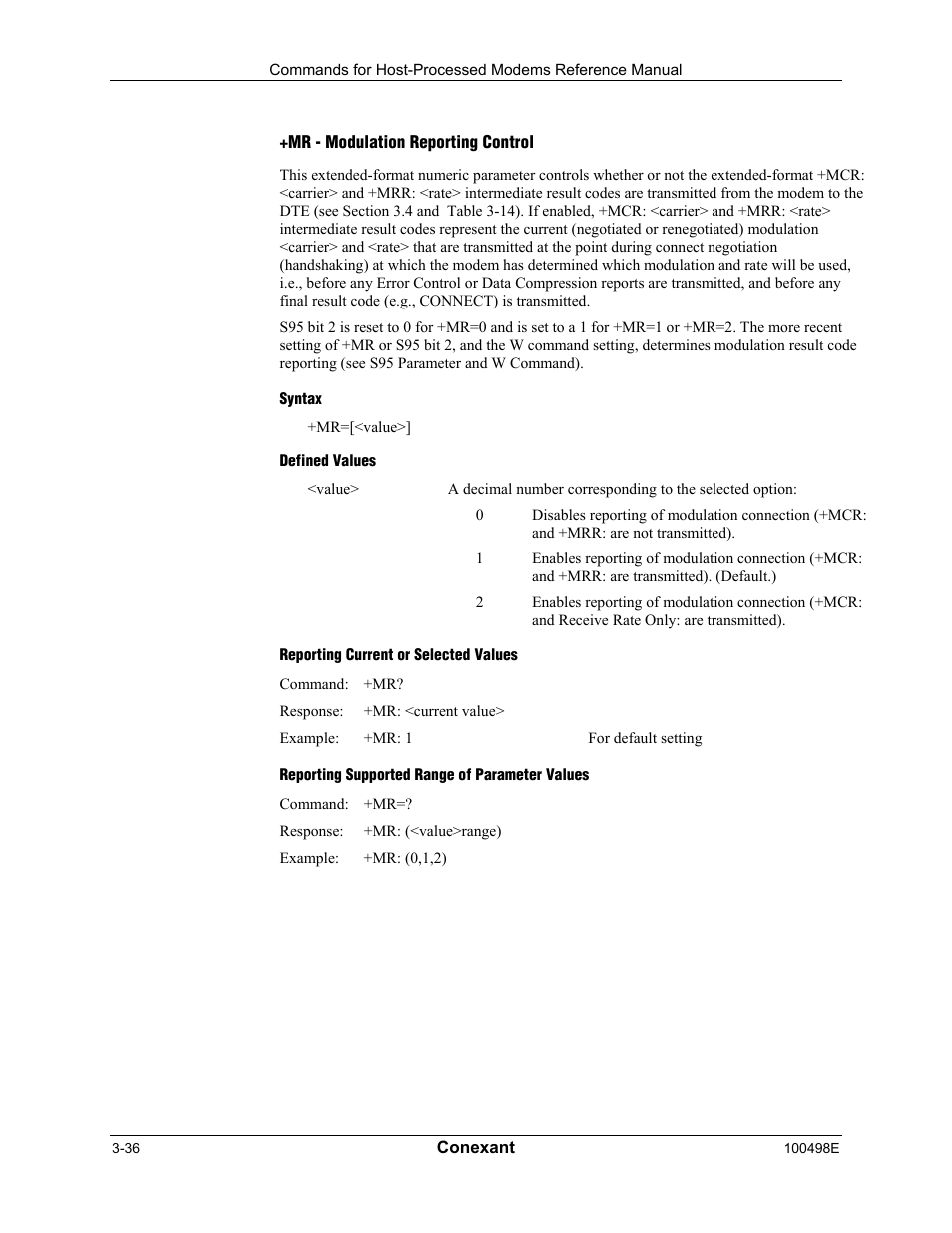 Mr - modulation reporting control, Syntax, Defined values | Reporting current or selected values, Reporting supported range of parameter values | Longshine LCS-8056C2 User Manual | Page 58 / 162